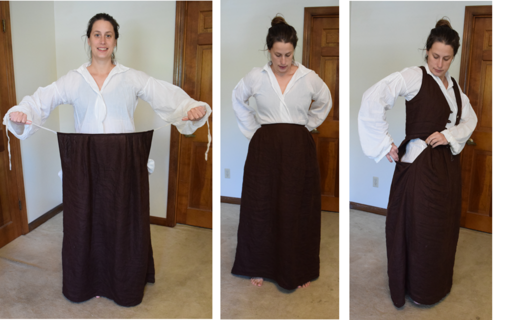 It was, though, a video explaining how regency dresses closed. As it turns out, regency dresses closed in the front like a jacket, sometimes with buttons but more often with ties or simply straight pins. The skirt front was apron style, tying in the back as shown in my picture below. This front closure not only makes breastfeeding completely easy, it is also one-hundred-percent adjustable for size change including pregnancy!