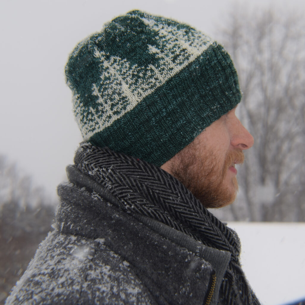 My mom also made this hat! She used colors Bare and Emerald in Classic Merino Super Wash Sock Yarn by Knitting Notions and pattern Alaska by Camille Descoteaux on Ravelry.